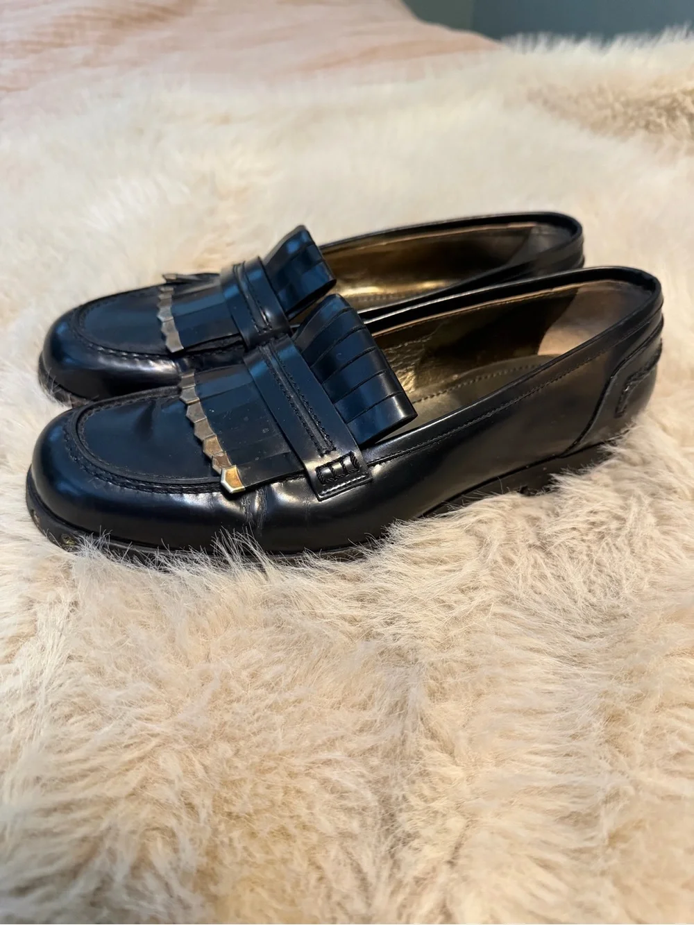 LANVIN Black Leather Tassel Loafers with Gold Stud Accents LUXURY Sz 39 (8.5)